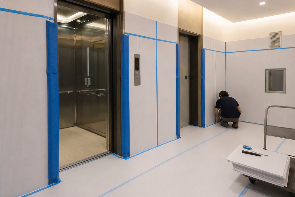 高雄公寓大樓室內裝修開工前,施工人員完成電梯轎廂、梯廳牆面與地坪保護