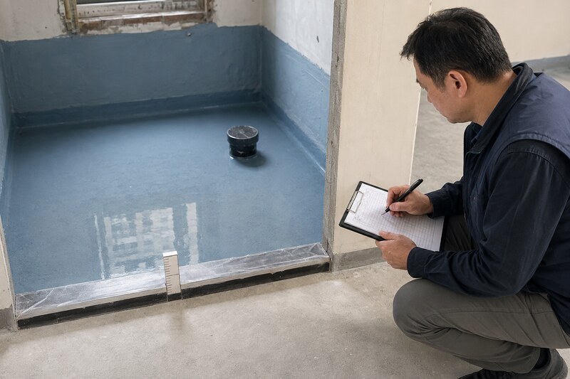 浴室防水層完成後進行蓄水試驗，現場人員記錄水位並檢查門檻外側是否滲水