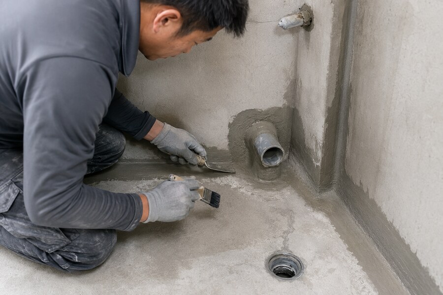 浴室防水施工前，師傅修整牆地轉角、排水孔與管根周圍的水泥基底