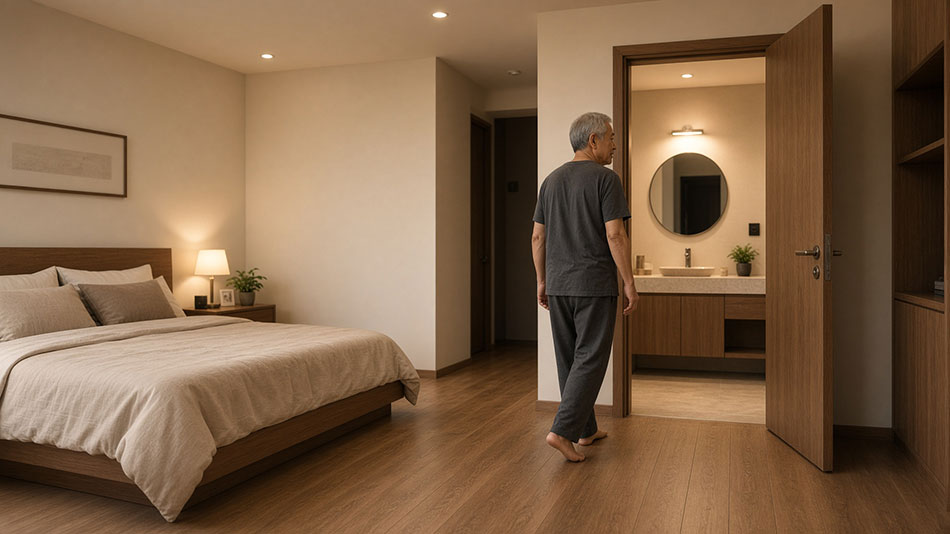 臥室通往浴室的居家動線規劃,保留床邊通道與浴室進出空間,方便長輩夜間使用。