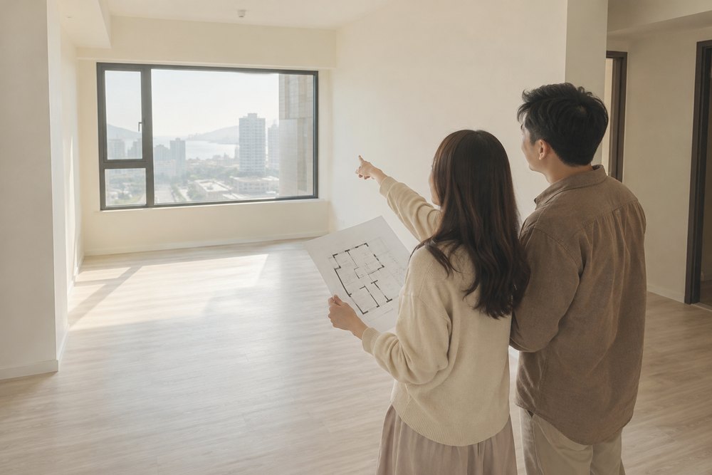 屋主在新屋現場拿著平面圖,想像格局與家具配置 屋主在新屋現場拿著平面圖,想像格局與家具配置
