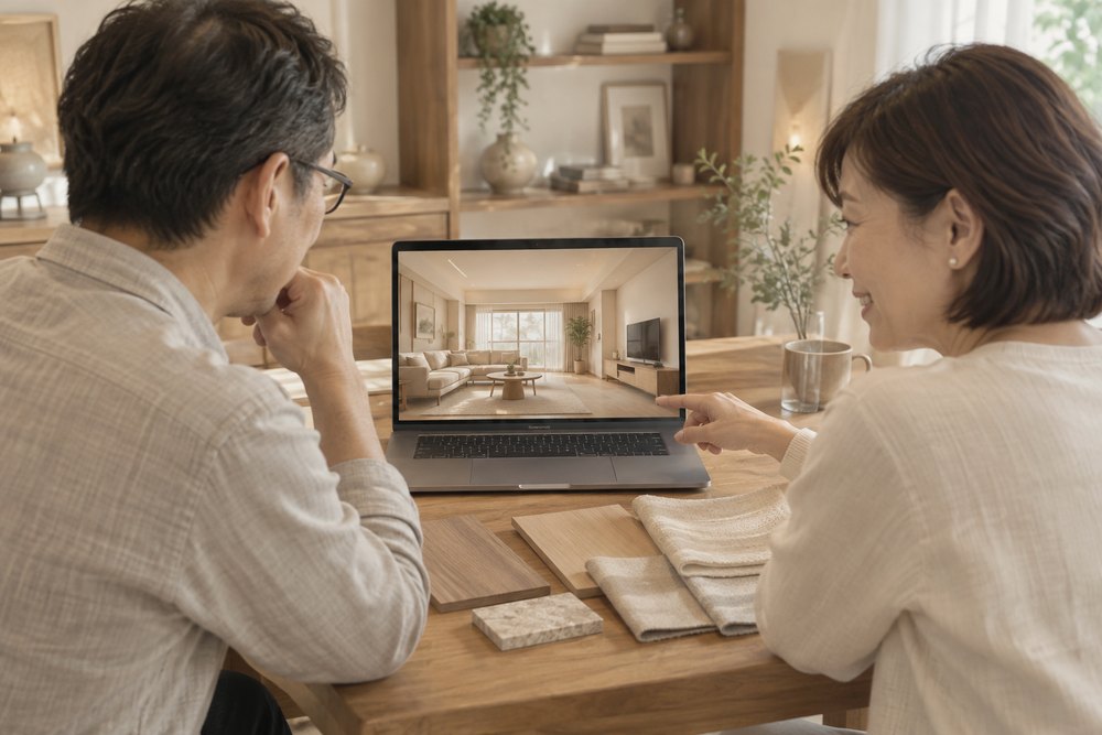 設計師與屋主一起看 3D 圖,並對照材質樣本 設計師與屋主一起看 3D 圖,並對照材質樣本