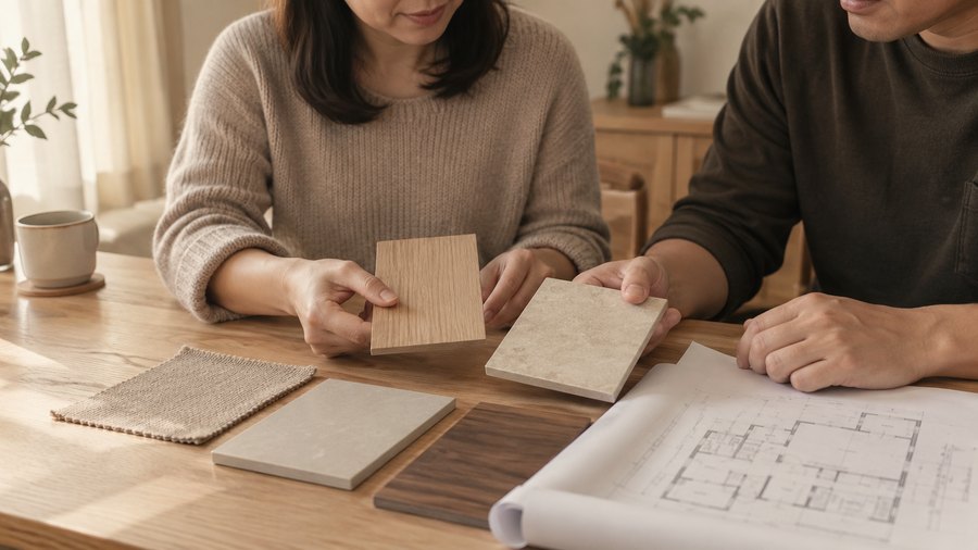 屋主比較木皮與磁磚樣板,評估室內設計預算與建材取捨