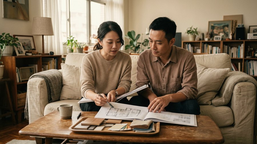 設計師與屋主在客廳一起看作品集與平面圖 設計師與屋主在客廳一起看作品集與平面圖