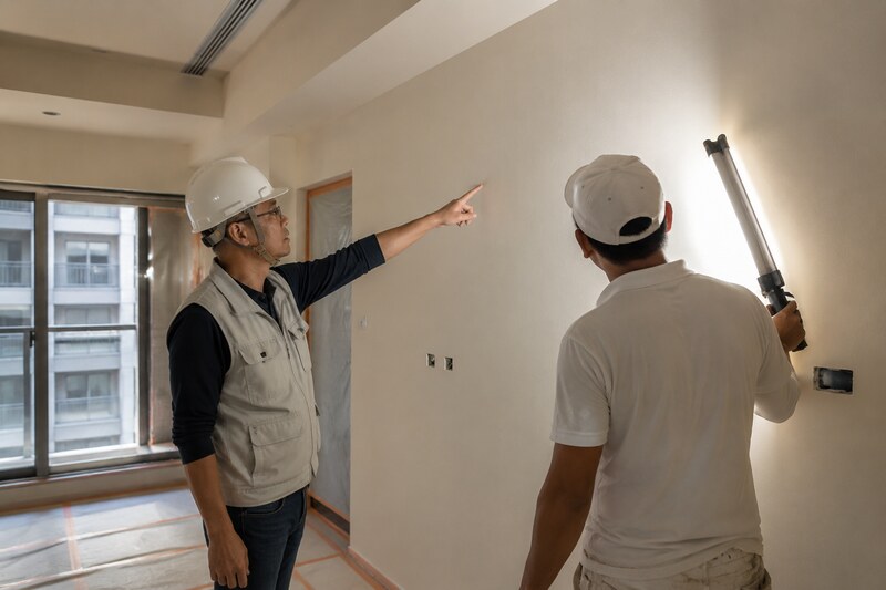 高雄住宅油漆完工後,現場人員以側光檢查牆面滾痕、修補印與轉角收邊