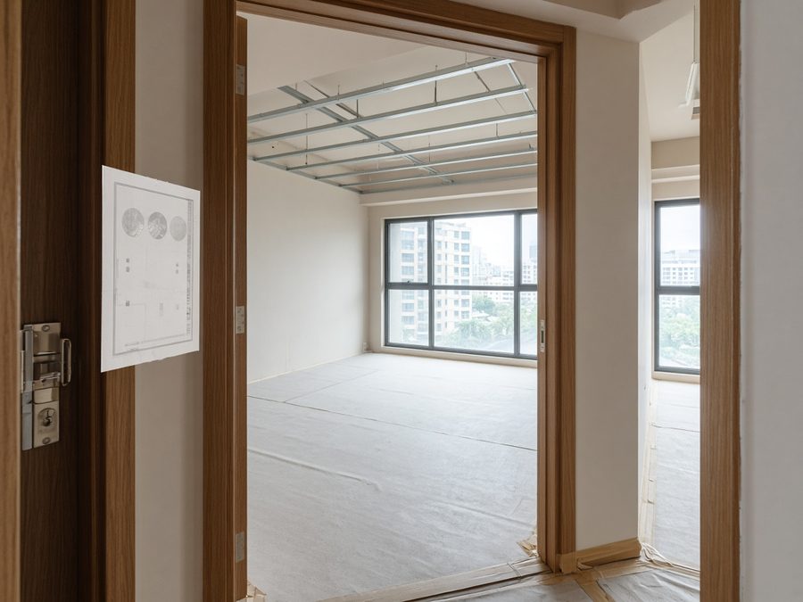 大樓住宅門口張貼室內裝修施工許可證,室內天花板骨架施工中 大樓住宅門口張貼室內裝修施工許可證,室內天花板骨架施工中