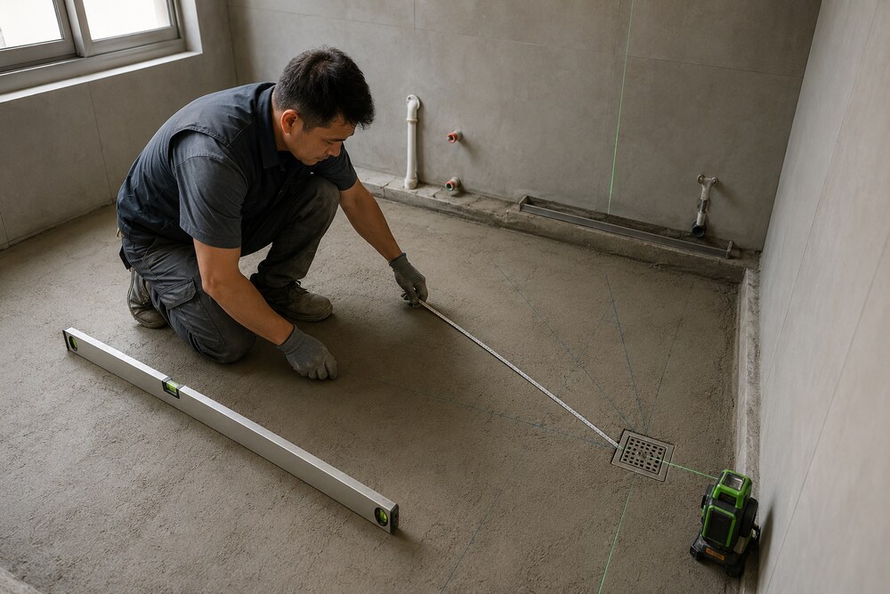 高雄住宅浴室施工現場，技師在防水與貼磚前確認地坪至排水孔的洩水坡度