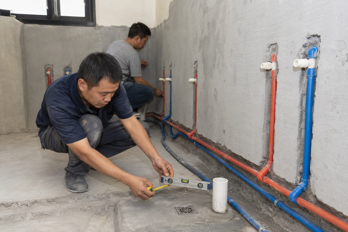 高雄住宅浴室進行給排水工程,水電師傅檢查冷熱水管與地排位置