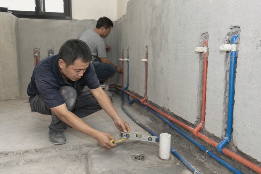 高雄住宅浴室進行給排水工程,水電師傅檢查冷熱水管與地排位置