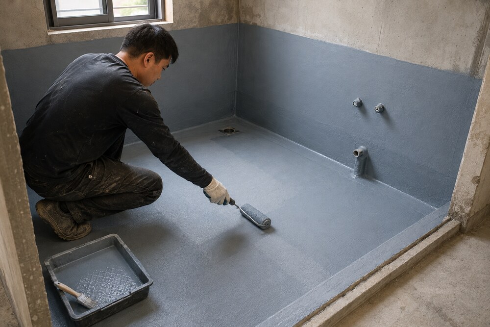 高雄住宅浴室防水工程中，施工人員分次滾塗牆面與地坪的防水材料