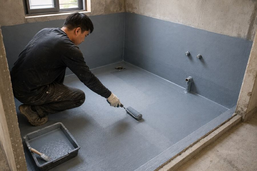 高雄住宅浴室防水工程中,施工人員分次滾塗牆面與地坪的防水材料