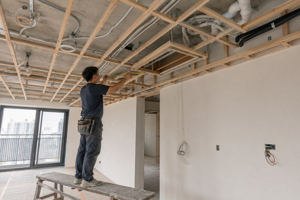 高雄住宅木作天花板施工中,師傅核對骨架、燈具線路、空調管線與檢修口預留位置