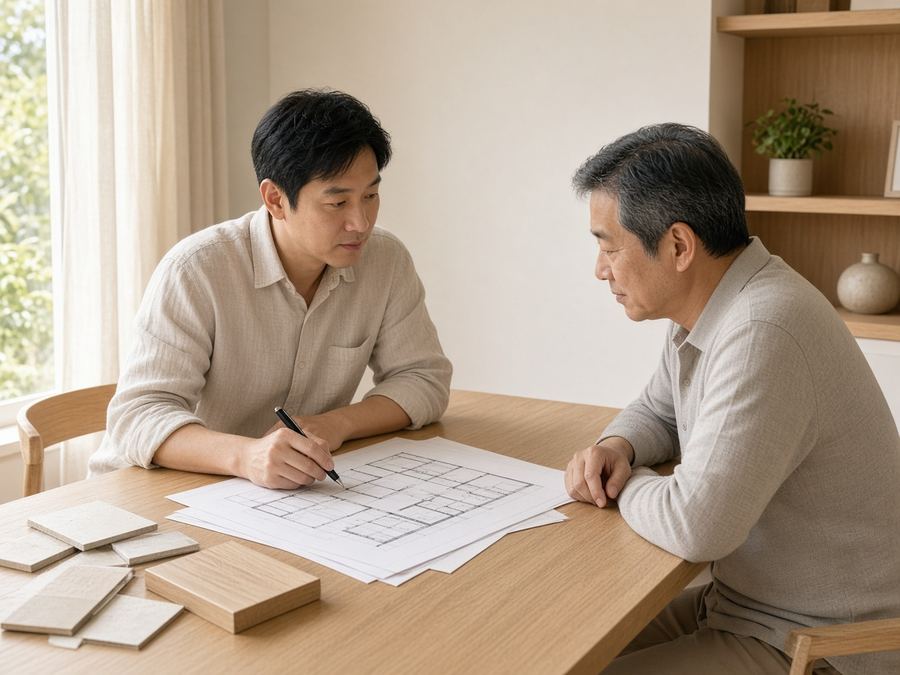 設計師與屋主在桌前翻閱室內裝修圖說與申請文件 設計師與屋主在桌前翻閱室內裝修圖說與申請文件