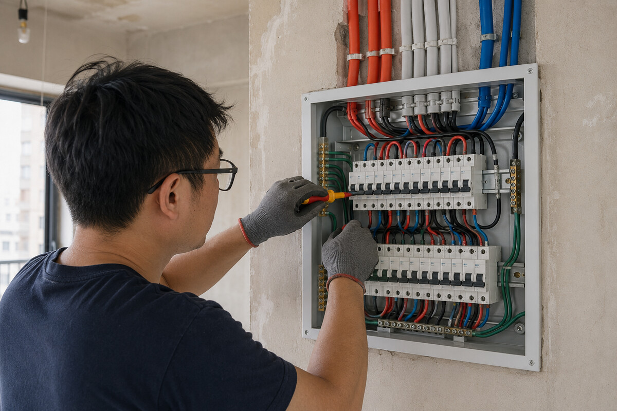 高雄住宅室內裝修現場,水電人員安裝配電箱並整理各區用電迴路