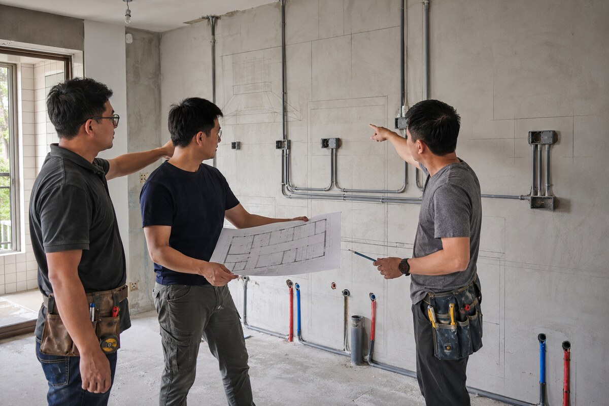 高雄住宅室內裝修現場,設計監工與水電師傅在廚房區域確認配管及設備位置