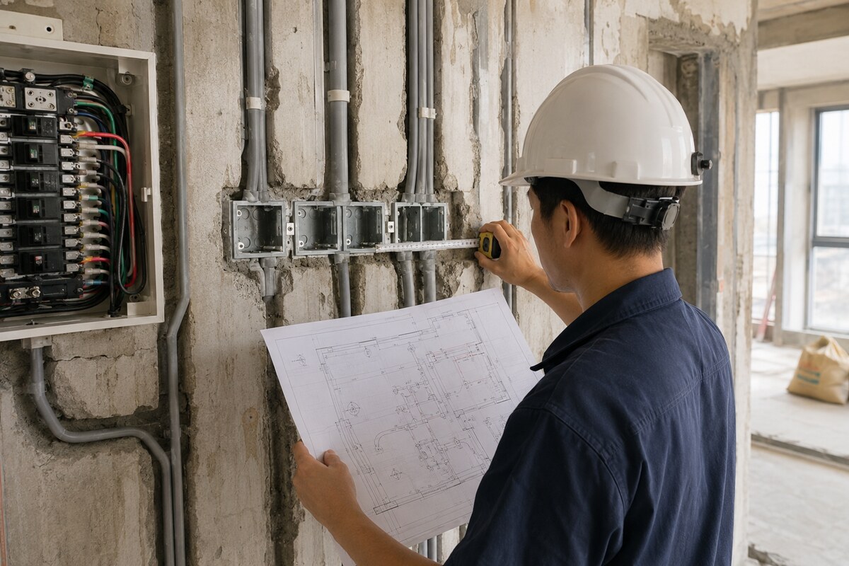 高雄住宅室內裝修水電工程進場前,水電師傅依圖面核對電線管路與插座位置