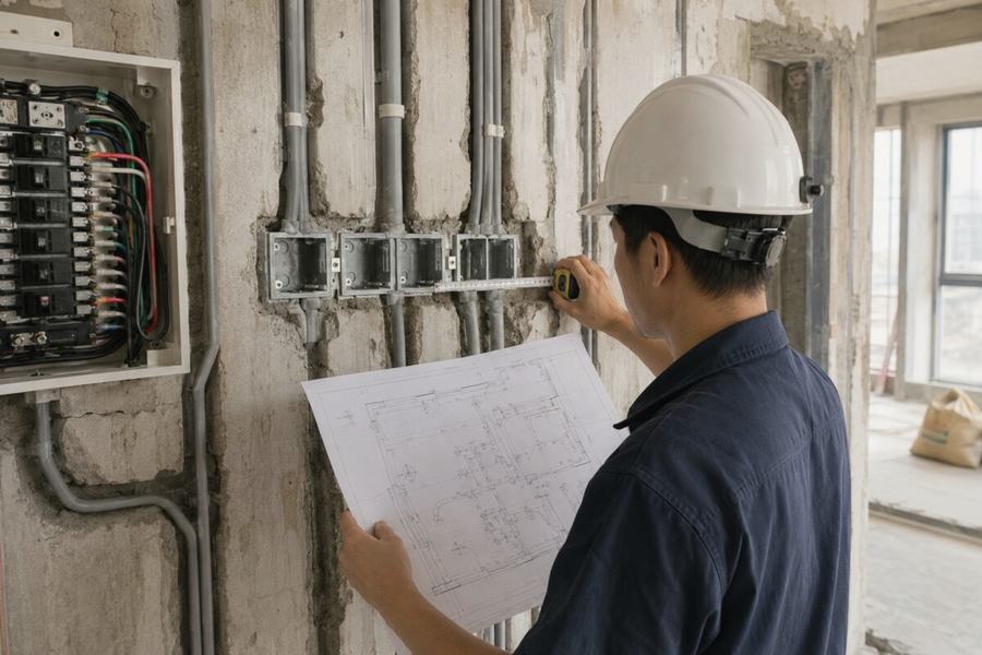 高雄住宅室內裝修水電工程進場前,水電師傅依圖面核對電線管路與插座位置