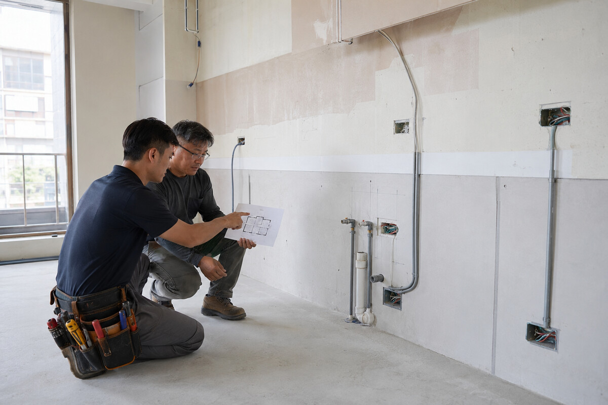 高雄住宅廚房水電工程中,水電人員確認家電插座與給排水設備的預留位置