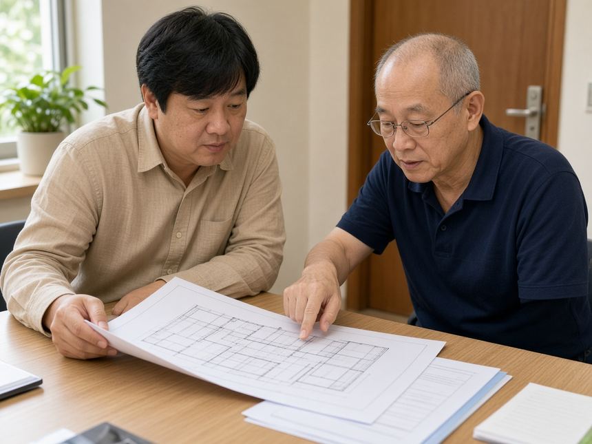 電梯大樓管理室,屋主與管委會核對施工申請文件 電梯大樓管理室,屋主與管委會核對施工申請文件