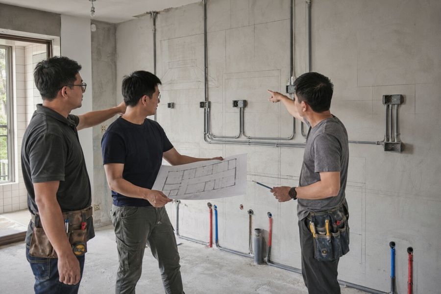 高雄住宅室內裝修現場,設計監工與水電師傅在廚房區域確認配管及設備位置