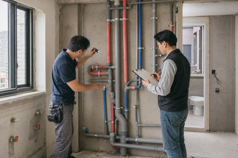 高雄住宅室內裝修封牆前，設計人員與水電技師共同檢查給水排水管線及接頭