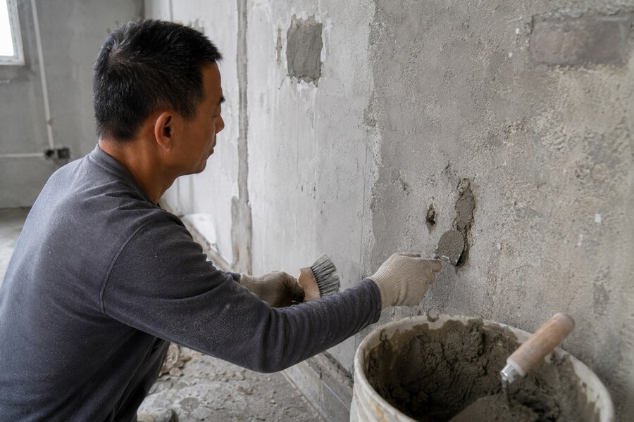 高雄住宅泥作施工前,師傅清理並修補拆除後不平整的牆面基底