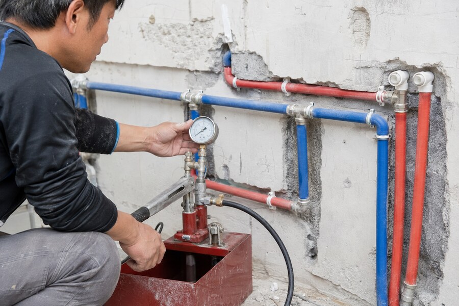 高雄住宅水管更新完成後，施工人員在封牆前使用壓力表檢查冷熱給水管與接頭