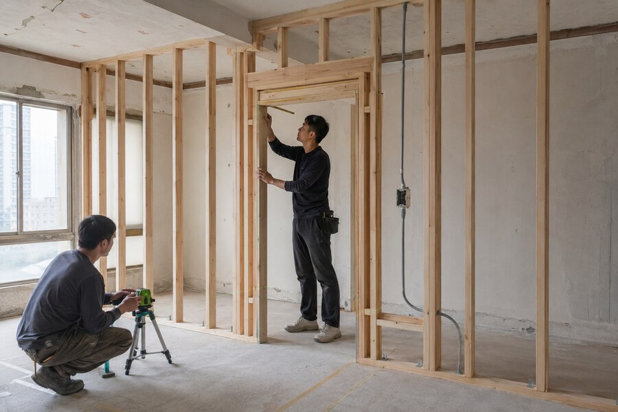住宅木作隔間放樣時,施工人員以雷射水平儀核對門洞、立柱與設備固定位置